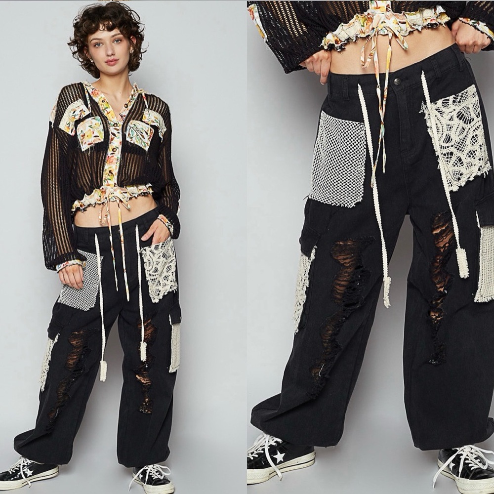 NEW POL Boho Black Lace Crochet Patchwork Jogger Pants